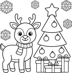 Naklejka premium Cute reindeer and christmas tree colouring page for kids with reindeer