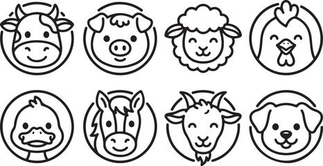 Obraz premium Set of eight cute farm animal icons