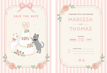 Cute pastel wedding invitation card template in cozy anime style featuring adorable white and grey cats with a marriage cake and pink floral elements © abaiyamook