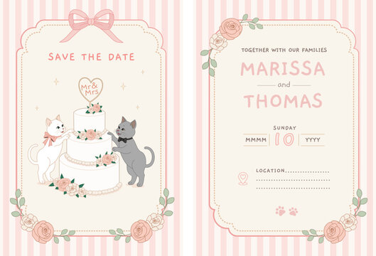 Cute pastel wedding invitation card template in cozy anime style featuring adorable white and grey cats with a marriage cake and pink floral elements
