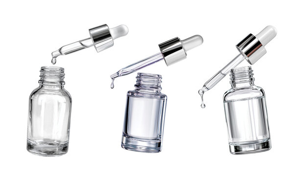 A premium clear glass dropper bottle in action, its pipette releasing a single, perfect droplet of concentrated serum. Isolated set on a pure backgroundThe high-quality PNG with a transparent backgrou