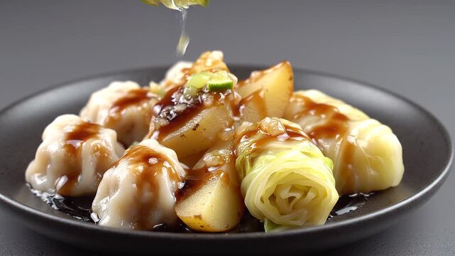 Delicious dumplings with soy sauce being poured on a dark plate with potatoes