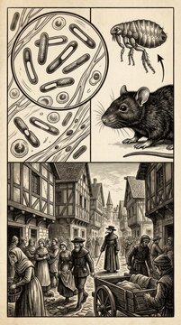Yersinia Pestis transmission: bubonic plague, rodent host, flea insect, doctor mask, medieval town, lethal microbe, infection spread, corpse cart, historic tragedy, population victim.