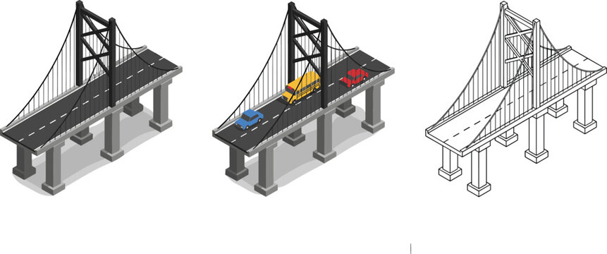 Isometric Suspension Bridge Icon Set with Highway Traffic, Concrete Pillars, Overpass Road Engineering, and Wireframe Line Vector Illustrations for Infrastructure Designs