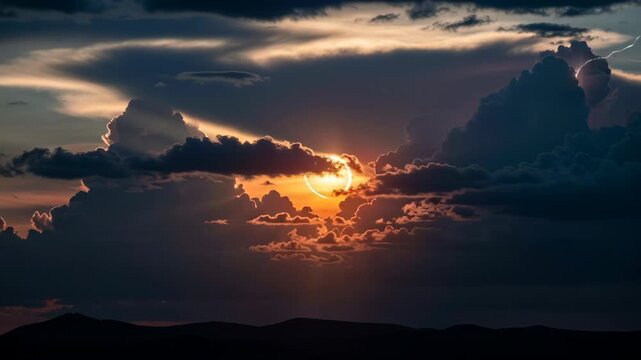 Sunset behind stormy clouds landscape scene.