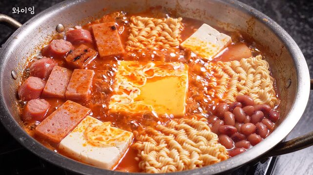 A steaming hot pot of korean budae jjigae stew with noodles, sausages, tofu, and beans in a spicy red broth