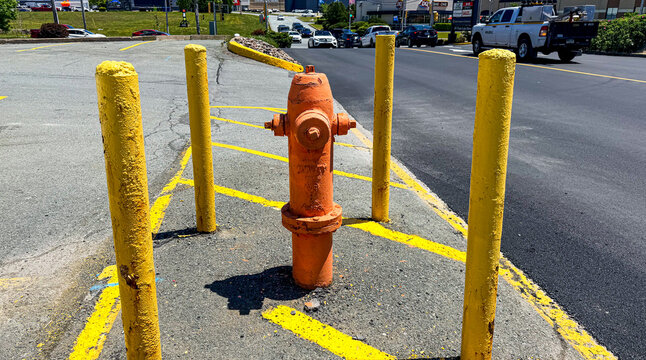 Fire hydrant surrounded by yellow poles on a city street
