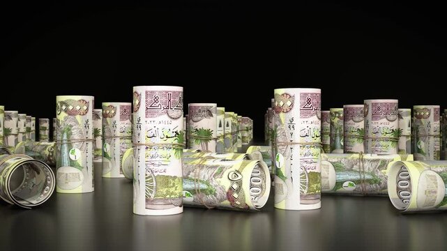 Camera Moving Across Rolled Iraqi Dinar Banknotes, Realistic Currency Background, High-Quality 3D Animation