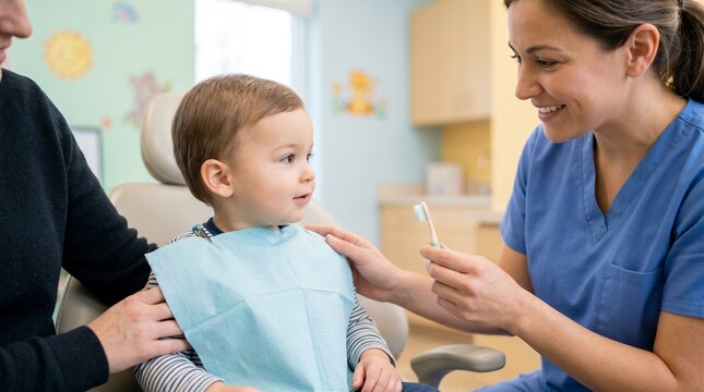 Toddler first dental visit with parent, Pediatric dentist and toothbrush, Early childhood oral care, Gentle family dentistry portrait, Copy space