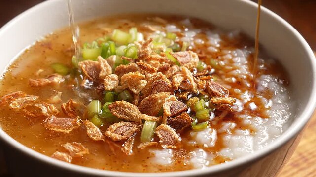 A steaming bowl of congee topped with crispy fried shallots and green onions being drizzled with soy sauce