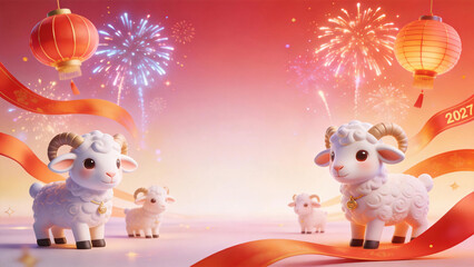 Fototapeta premium Cute 3D Sheep 2027 Chinese New Year Festive Scene