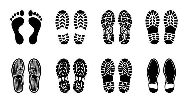 Footprint and Shoe Print Silhouette Collection - Black Vector Set of Barefoot, Sneaker, Boot, and Dress Shoe Sole Prints