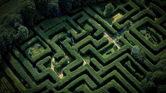 a complex labyrinth garden filled with winding pathways surrounded by dense greenery and natural forest environment.