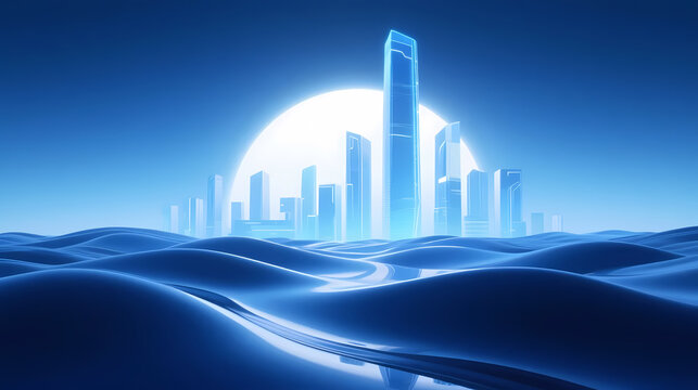 Futuristic skyscraper glowing under a giant moon