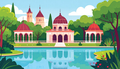 Fototapeta premium Large Building with Red Domed Roofs.