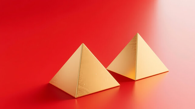 Two golden pyramids on red background