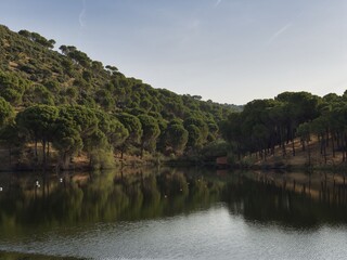 Fototapeta premium Scene of a lake surrounded by trees and hills during the afternoon with calm water reflecting the landscape