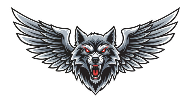 Aggressive winged wolf head mascot logo illustration.