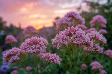Fototapeta premium Pink-white valerian flowers blooming at dusk in a garden.