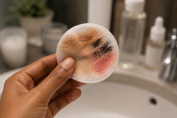 Fototapeta premium Woman Holding Used Cotton Pad After Removing Makeup Close Up Skincare Routine