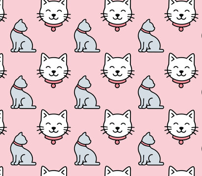 Cute pink cat repeat pattern design as a seamless vector print