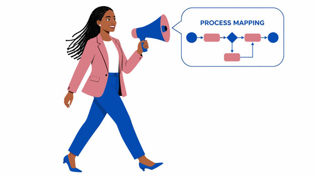 Woman holding megaphone with process mapping diagram.