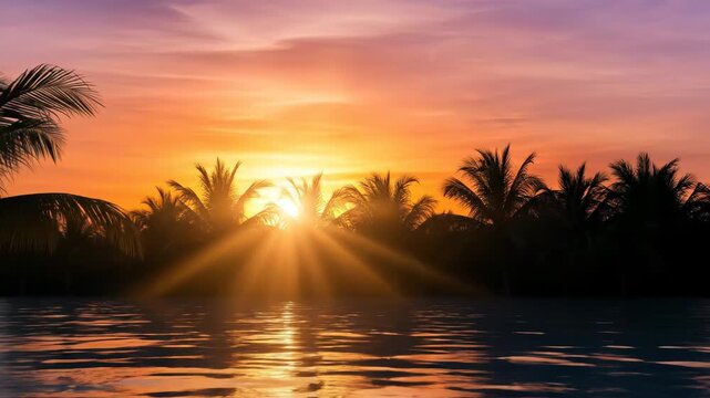 Tropical Palm Trees Silhouette at Sunset Over Water