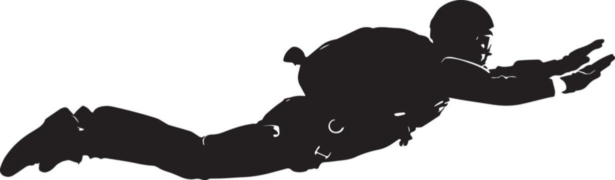 Skydiver silhouette vector illustration showing freefall parachutist in horizontal position isolated on white background for adventure sports design concept artwork