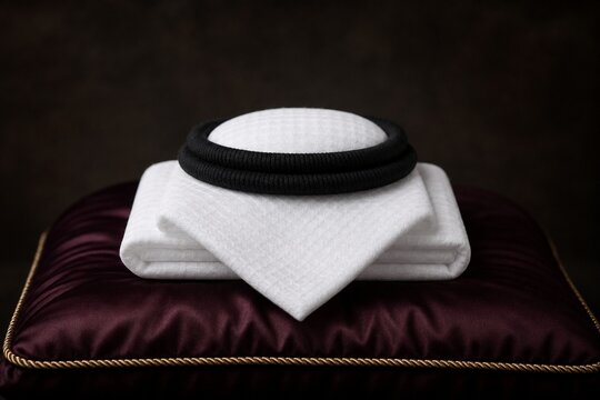 Neatly folded white kufiyah on dark silk cushion, symbolic composition.