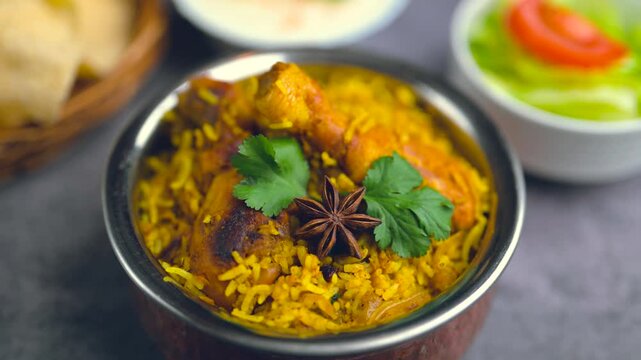 Top view of Biriyani. Indian chef cooking Biriyani at the kitchen and adding spices. Spice background 4K video. seasoning in indian food.