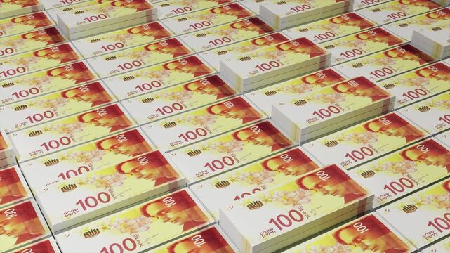 Camera Moving Across Israeli Banknote Bundles, Realistic Money Background, High-Quality 3D Animation