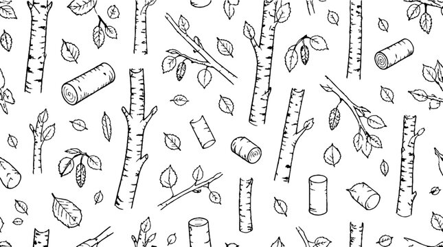 Hand drawn birch branches and leaves pattern design.