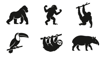 Fototapeta premium jungle animal silhouette symbols, gorilla, chimpanzee, orangutan, toucan, sloth, tapir, vector silhouette collection