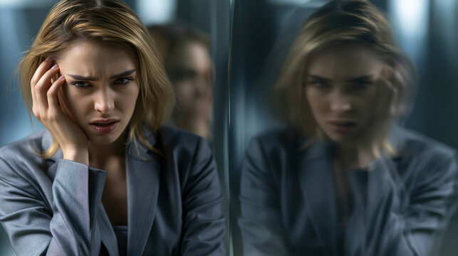 inner conflict of stressed businesswoman battling self doubt in corporate workplace, overwhelmed professional woman struggling with anxiety and workplace pressure