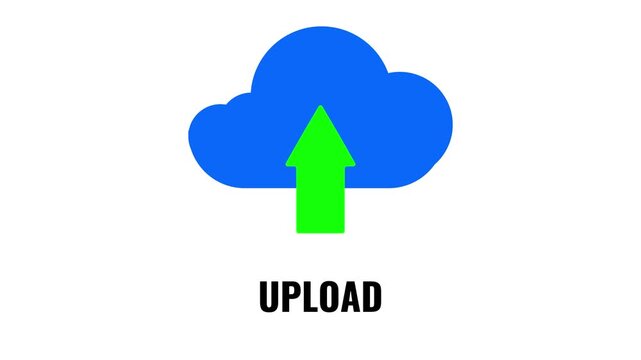 Animated cloud upload symbol with green arrow icon and motion graphic elements on white background.