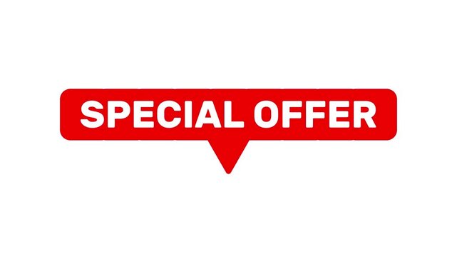Red special offer speech bubble animation on white background.