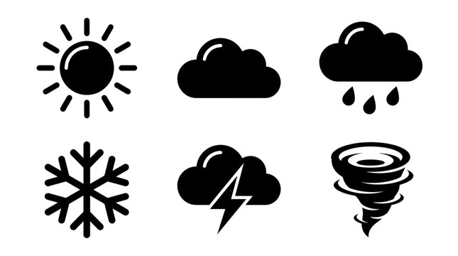 weather silhouette symbols, sun, cloud, rain cloud, snowflake, lightning storm, tornado, exactly six symbols only