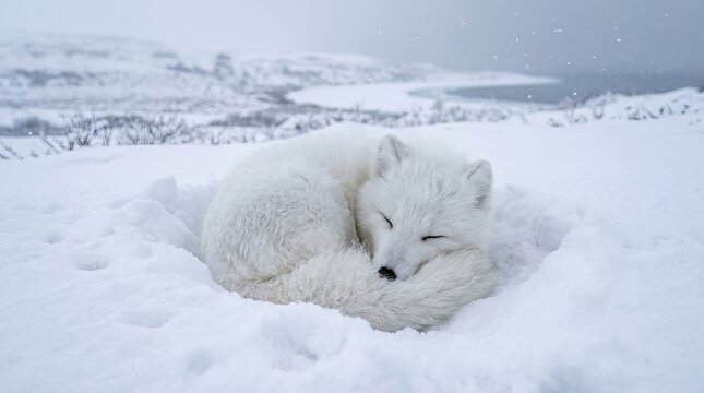 Peaceful arctic fox curled up sleeping in a snowy den during winter