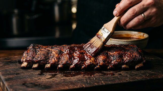 Chef bastes succulent grilled ribs with rich barbecue sauce on a rustic wooden board