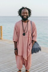 Fototapeta premium Smiling man in loose pink linen outfit on seaside boardwalk for travel lifestyle poster and resort background