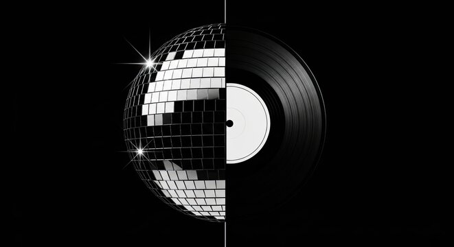 Split disco ball and vinyl record on black background.