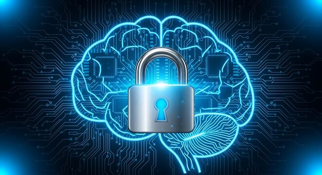 Digital brain concept with a padlock representing artificial intelligence security and data protection