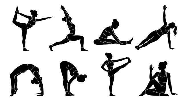 Silhouettes of women in various yoga poses
