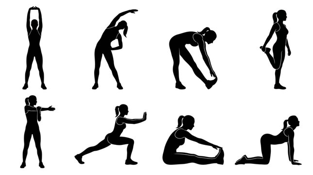 Silhouettes of woman doing various yoga poses and stretches