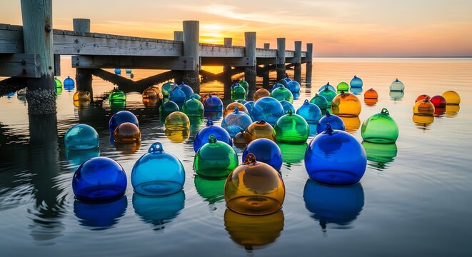 Colorful Glass Fishing Floats Floating Near A Pier At Sunset