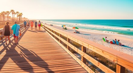 Obraz premium People walking on a wooden boardwalk at a sunny beach destination.