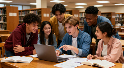 Fototapeta premium Diverse group of students studying together in a modern academic library, focused on teamwork and learning.