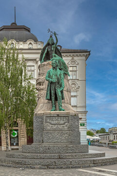 LJUBLJANA, SLOVENIA - JUNE 5, 2022: Statue of Poet France Pre&scaron;eren in Preseren Square. It was a 19th-century Romantic Slovene poet and he has been considered the greatest Slovene classical poet.