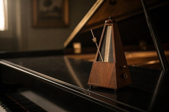 A classic wooden metronome ticking on the surface of an empty grand piano.