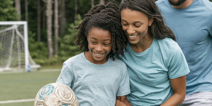 Mother and daughter smiling with a soccer ball by the goal on an outdoor field for family sports banner and youth activity promotion